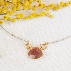 Collier perles et goutte pierre quartz fraise JOE - L'atelier des Dames