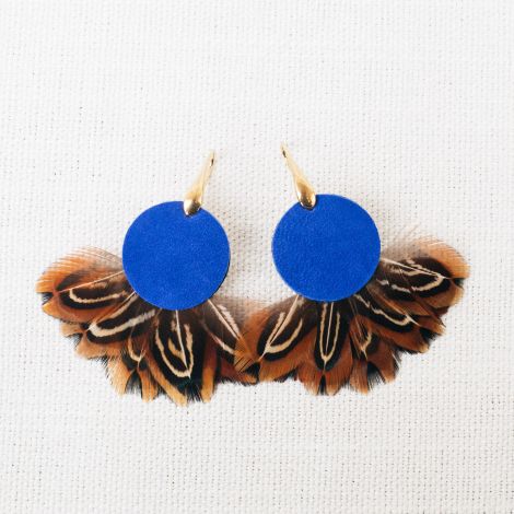 Boucles d'oreilles plumes et cuir PHADREA bleu