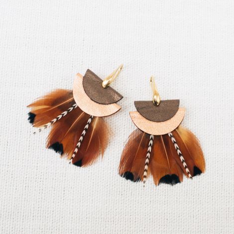 TERRACOTTA earrings with feather and leather