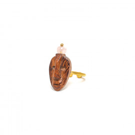 wood golden ring with pink quartz bead Yoruba - Nature Bijoux