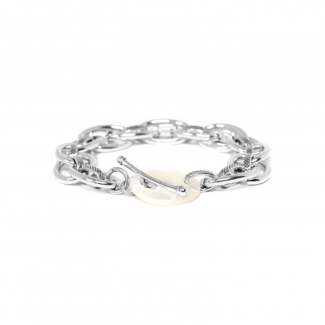 bracelet entrelacs d'anneaux fermoir nacre blanche "Unchain"