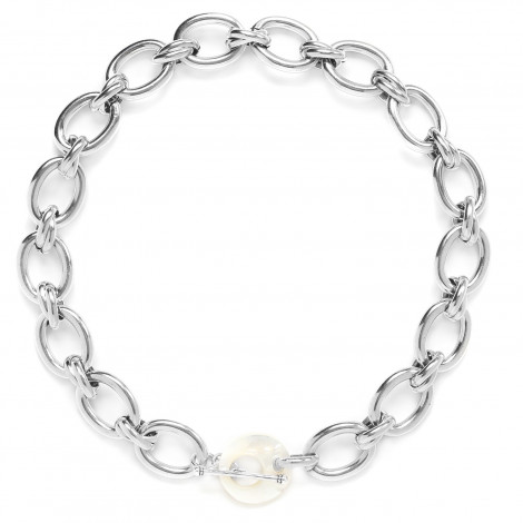 collier chaine double anneaux fermoir nacre blanche "Unchain"