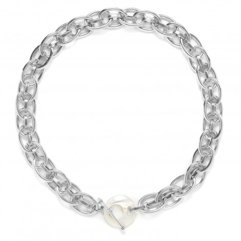 collier chaine entrelacs d'anneaux fermoir nacre blanche "Unchain"