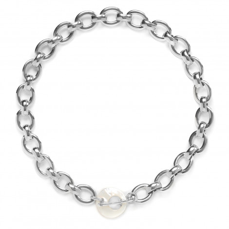collier chaine anneaux fermoir nacre blanche "Unchain"