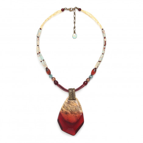 grand collier pendentif tamarinier zoisïte perles de culture et jaspe "Sweet amber"