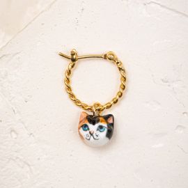 Mono boucle d'oreille tête de chat noir, blanc et marron - Nach
