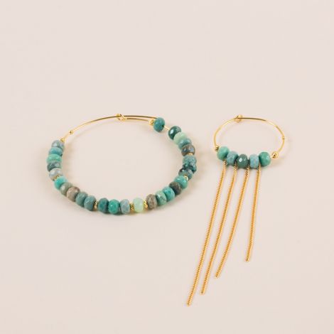 Mismatched hoop earrings with green opal beads