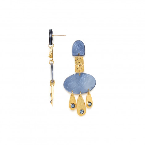 KIVU blue capiz post earring with 3 metal drops "Les radieuses"