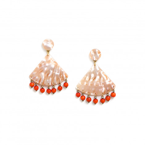 boucles d'oreilles poussoir triangle perles bois orange mandarine "Riviera"
