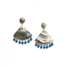 boucles d'oreilles poussoir triangle perles bois bleu canard "Riviera" - 