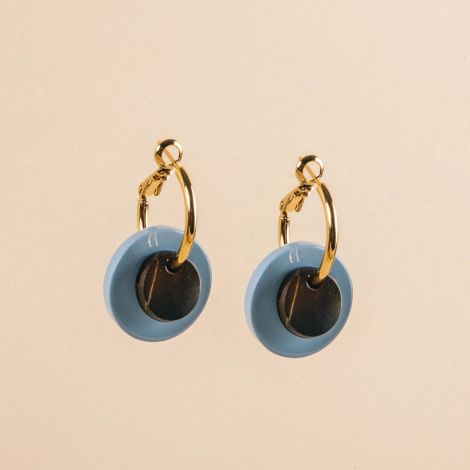 Blue hoop earrings and clog disc