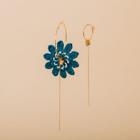 Asymmetrical hoop earrings. "Flow" Blue lace flower