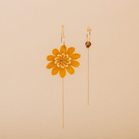 Asymmetrical hoop earrings. "Flow" Lace flower Mustard