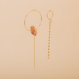 Asymmetrical hoop earrings. Pink mother-of-pearl 3cm - Rosekafé