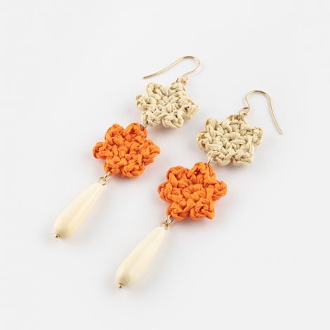Rafia orange and beige flowers earrings with white drops