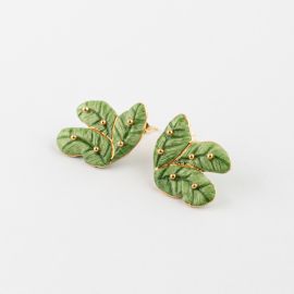 Boucles d'oreilles feuilles de bananier et perles dorées - Nach