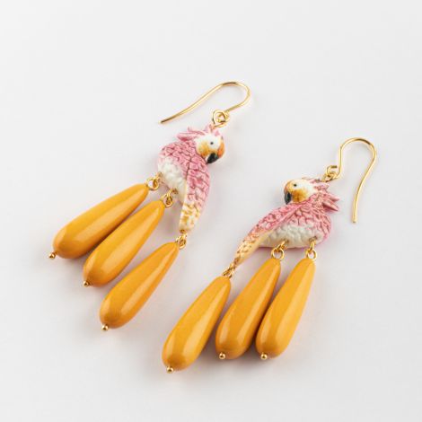 pendant earrings pink cockatoo with orange beads