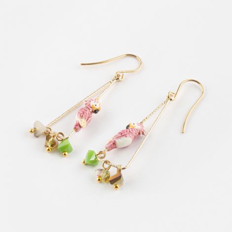 Boucles d'oreilles triangle cacatoès rose avec perles multicolores - Vibration