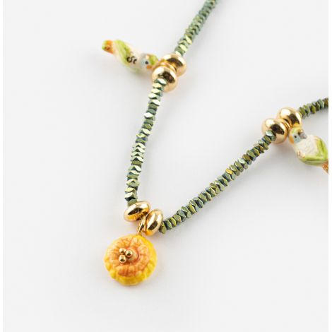 Yellow dandelion and budgerigars with hematite beads necklace