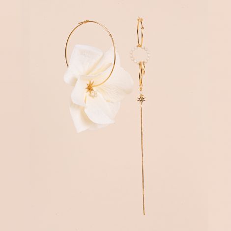 White silk hydrangea asymmetrical hoop earrings