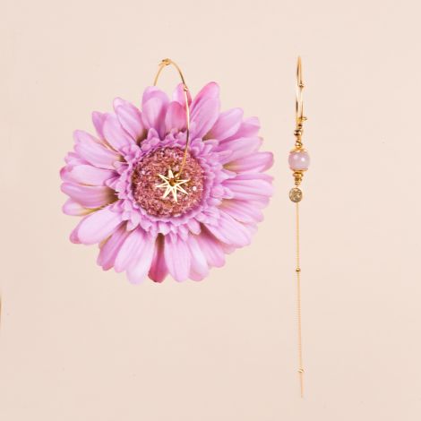 Asymmetrical purple gerbera hoop earrings